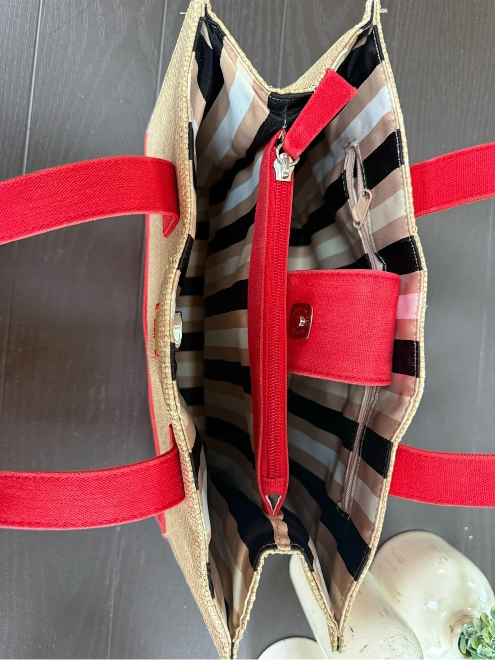 DKNY City Straw Canvas Tote Bag Red & Natural Large Shoulder Bag